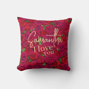 Deep Red Rose Pattern I Love You With Custom Name Throw Pillow