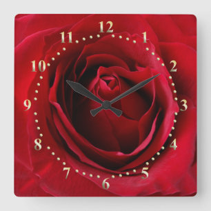 deep red rose square wall clock