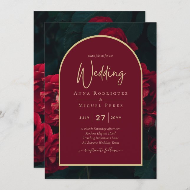 Deep Red Roses Forest Green Winter Wedding Invitation (Front/Back)