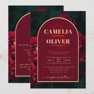 Deep Red Roses Forest Green Winter Wedding Invitation