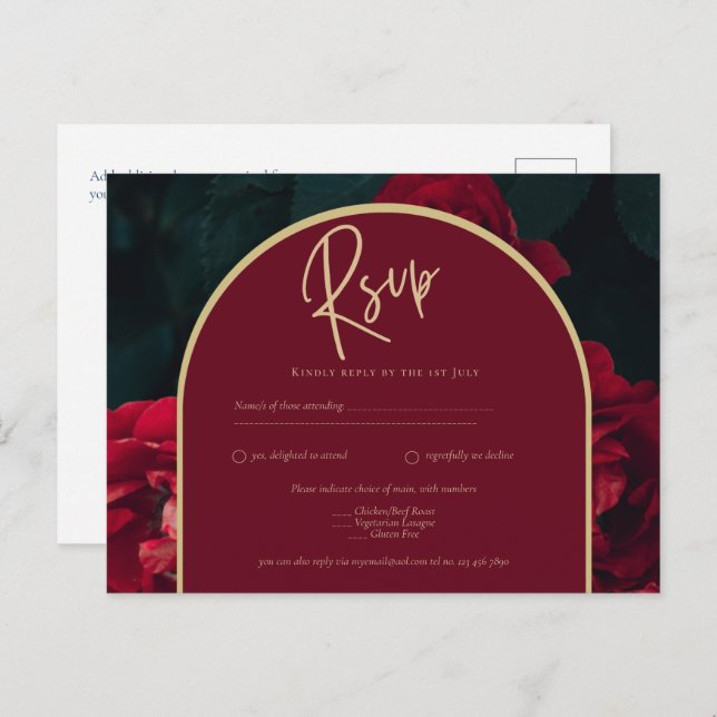 Deep Red Roses Forest Green Winter Wedding RSVP Postcard (Front/Back)