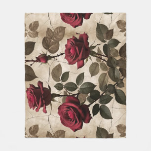 Deep Red Roses With Dark Green Leaves Fleece Blanket