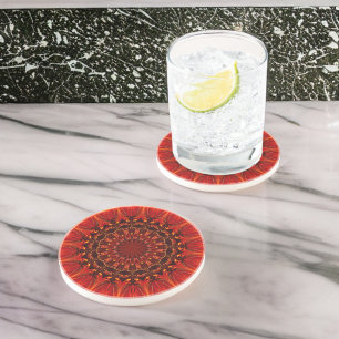 Deep Red Rudbeckia Floral Mandala  Coaster