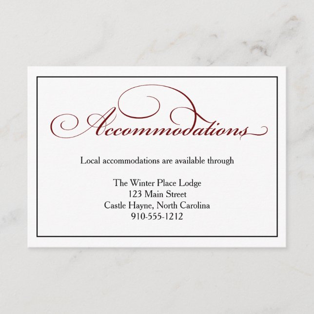 Deep Red Script Wedding Accommodations Detail Card (Front)