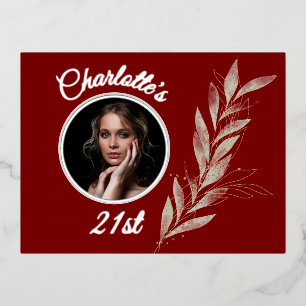 Deep Red Silver & Gold Watercolor Leaf Birthday Foil Invitation Postcard