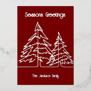 Deep Red & Silver Graphic Christmas Tree Minimal   Foil Holiday Card