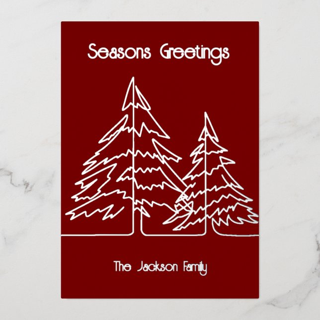 Deep Red & Silver Graphic Christmas Tree Minimal   Foil Holiday Card (Front)
