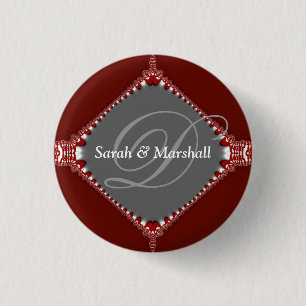 Deep Red+Silver Wedding Monogram Button