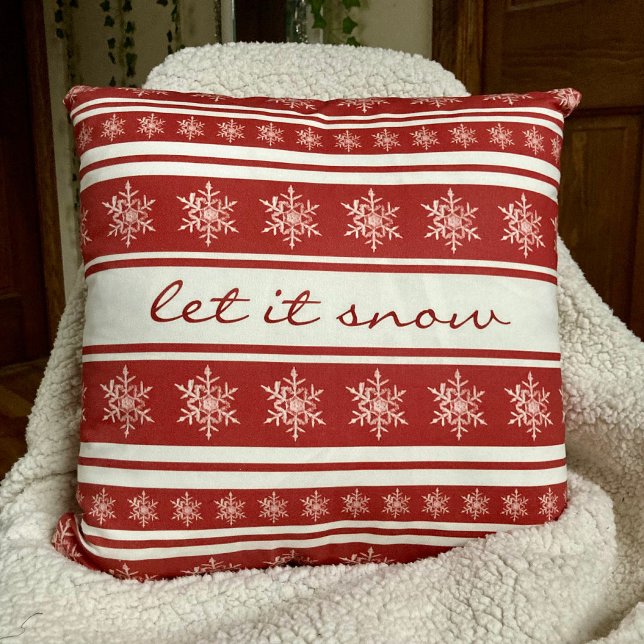 Deep Red Striped Snowflake Let it Snow Pillow (Creator Uploaded)