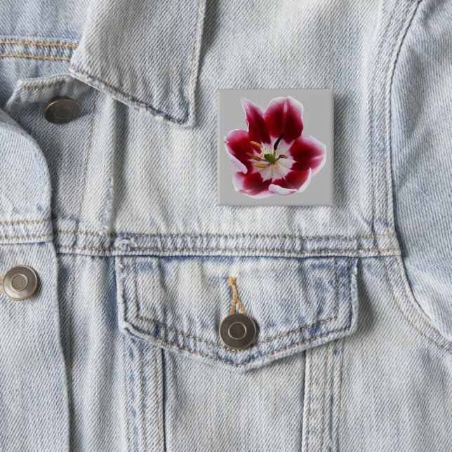Deep red tulip 2 inch square button (In Situ)