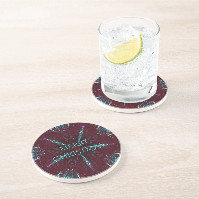 Deep Red Turquoise Merry Christmas Kaleidoscope Coaster (Side)