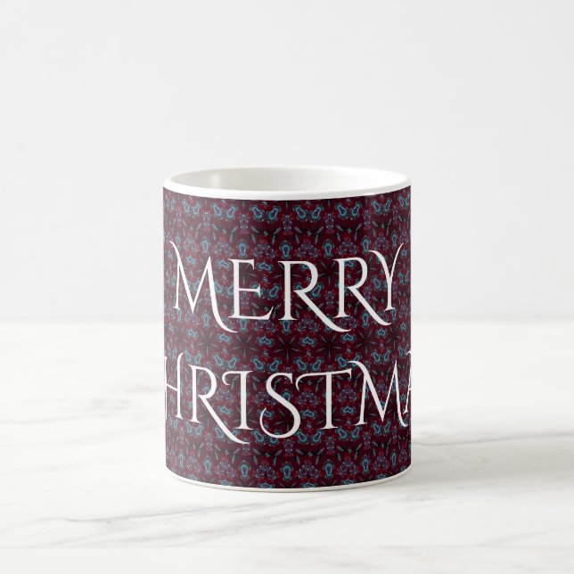 Deep Red Turquoise Merry Christmas Kaleidoscope Coffee Mug (Center)