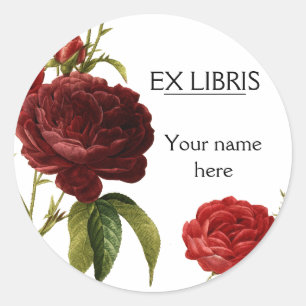 Deep red vintage roses painting bookplate classic round sticker