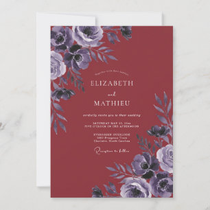 Deep Red Violet Leaf Wedding Invitation