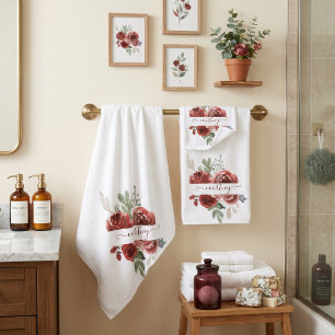 Deep red watercolor floral personalized bath towel set