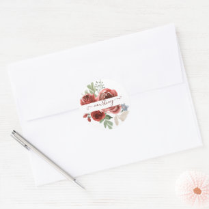 Deep red watercolor floral personalized classic round sticker