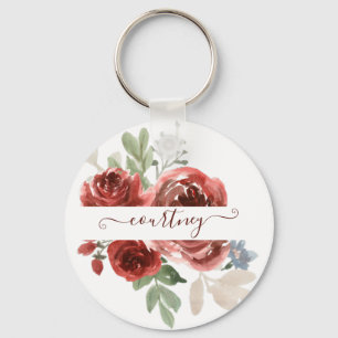 Deep red watercolor floral personalized  keychain