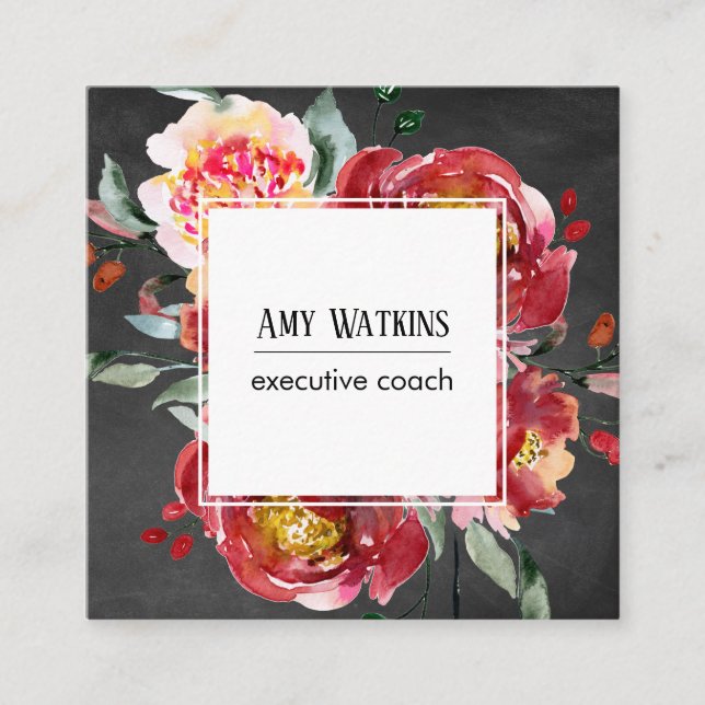 Deep Red Watercolor Flowers Chalkboard Background Square Business Card (Front)