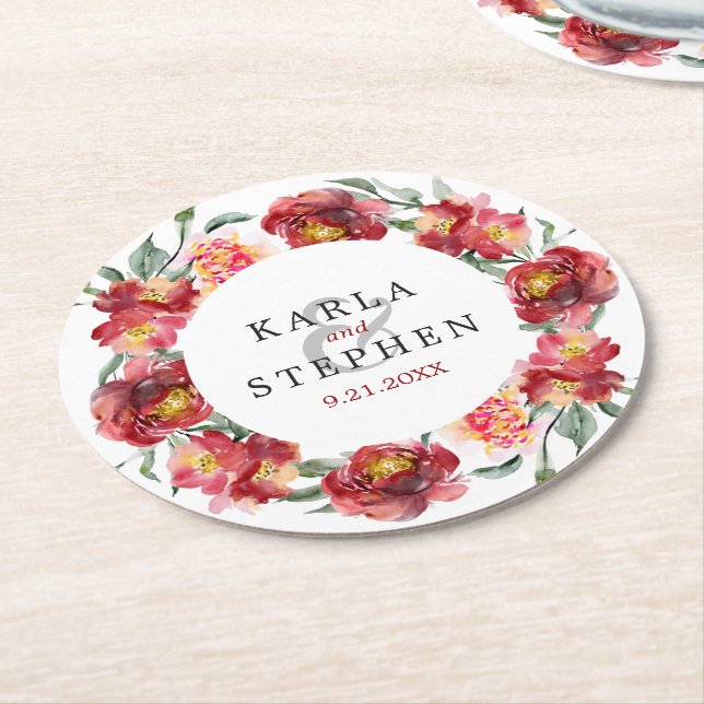 Deep-red Watercolor Garden Flowers Wreath Round Paper Coaster (Angled)