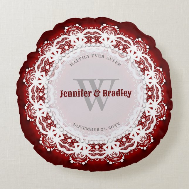Deep Red & White Lace Wedding Keepsake Gift Round Pillow (Front)