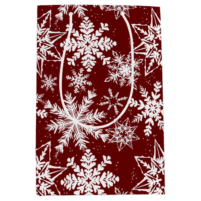 Deep Red Winter Wonderland Snowflake Pattern Medium Gift Bag (Front)