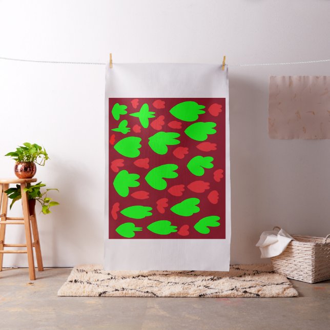 Deep red with bright green shapes art designed fabric (In Situ)