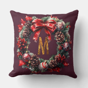 Deep Red Wreath Monogram Throw pillow