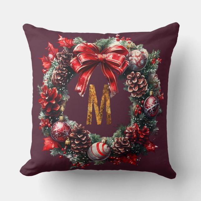 Deep Red Wreath Monogram  Throw pillow (Front)