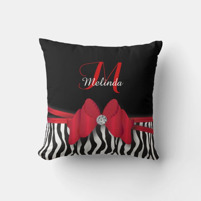 Deep Red Zebra Striped Bowed | Personalized Throw Pillow (Front)