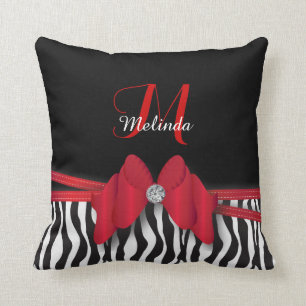 Deep Red Zebra Striped Bowed   Personalized Throw Pillow