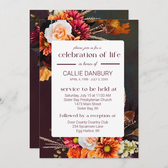Deep Rich Florals Funeral Celebration of Life Invitation (Front/Back)