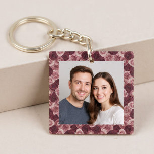 Deep Rose Floral Border Frame Photo Keychain