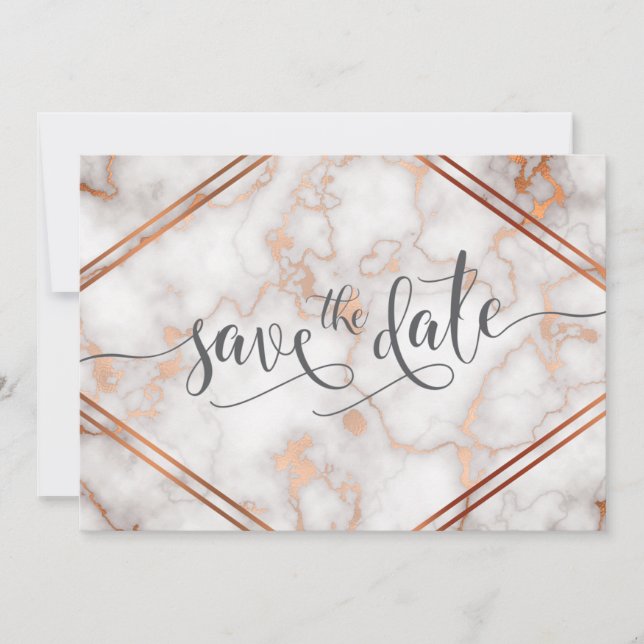 Deep Rose Gold / Copper Marble Calligraphy Save The Date (Front)