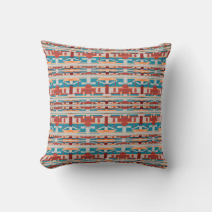 Deep Rust Coral Turquoise Beige Small Tile Motif Throw Pillow