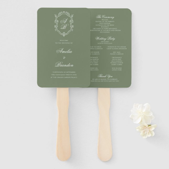 Deep Sage Green Monogram Crest Wedding Program Hand Fan (Front and Back)