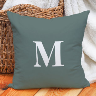 Deep Sage Green White Monogram  Throw Pillow