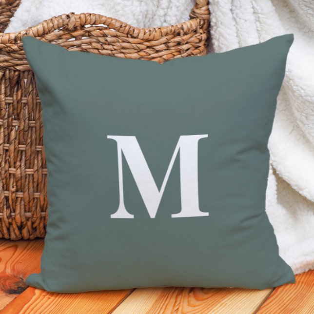 Deep Sage Green White Monogram  Throw Pillow (Deep sage green white monogram decorator pillow)