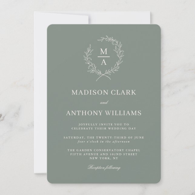 Deep Sage Simple Elegant Monogram Crest Wedding Invitation (Front)