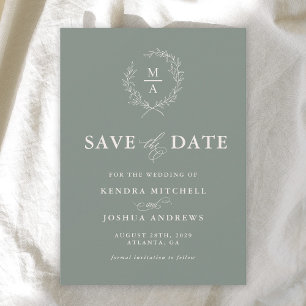 Deep Sage Simple Elegant Monogram Save the Date
