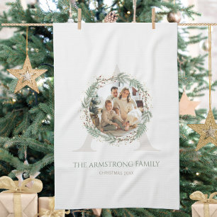 Deep Sage Wreath Monogram Home Accent Kitchen Towel