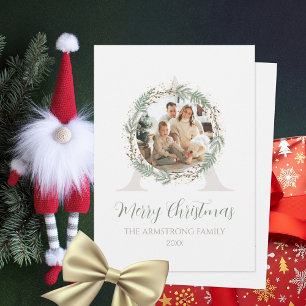 Deep Sage Wreath Monogram Photo Christmas Holiday Card