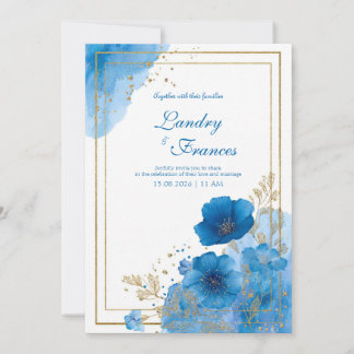 Deep Sapphire Blue Gold Foil Watercolor Floral Invitation