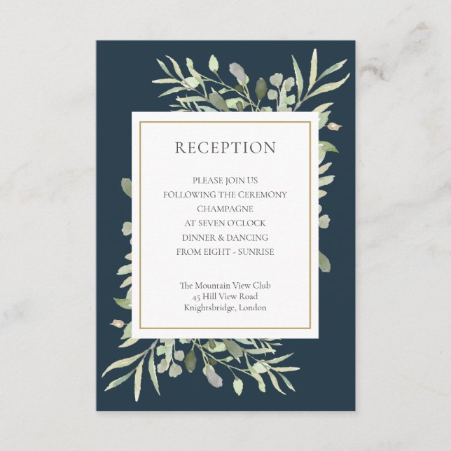 Deep Sea Blue Gold Greenery Wedding Guest Enclosure Card (Front)