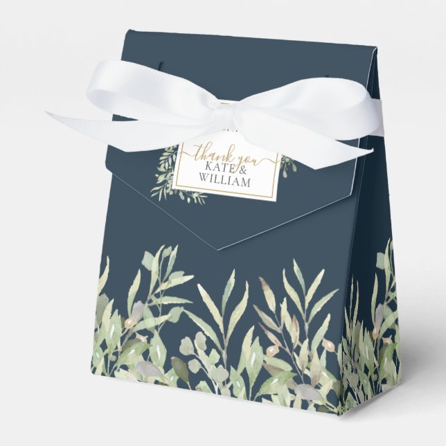 Deep Sea Blue Greenery A Sweet Beginning Wedding Favor Box (Front Side)