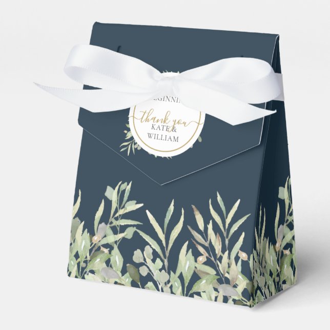 Deep Sea Blue Greenery Leaves Winter Wedding Favor Box (Front Side)