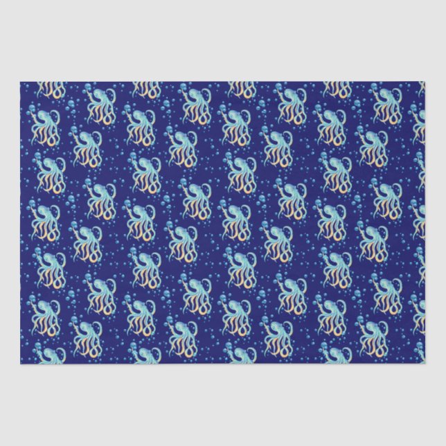 Deep Sea Cute Octopus Blue Bubble Navy  Tissue Paper (Front)