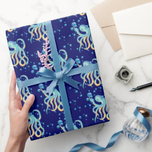 Deep Sea Cute Octopus Blue Bubble Navy Wrapping Paper