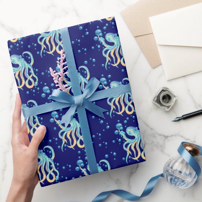 Deep Sea Cute Octopus Blue Bubble Navy  Wrapping Paper (Gifting)