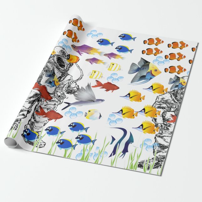 Deep sea Diver and tropical fish on the seabed Wrapping Paper (Unrolled)
