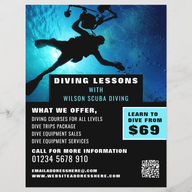 Deep Sea Diver Silhouette, Scuba Diving Lesson Flyer (Front)